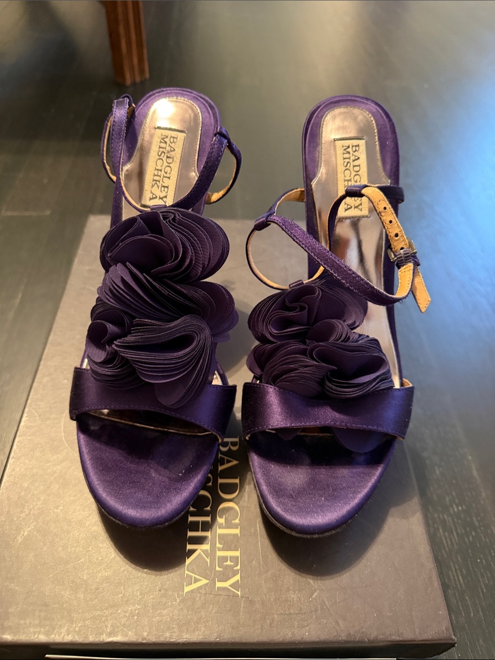 Badgley Mischka Purple Satin Floral-Embellished Slingback Heels